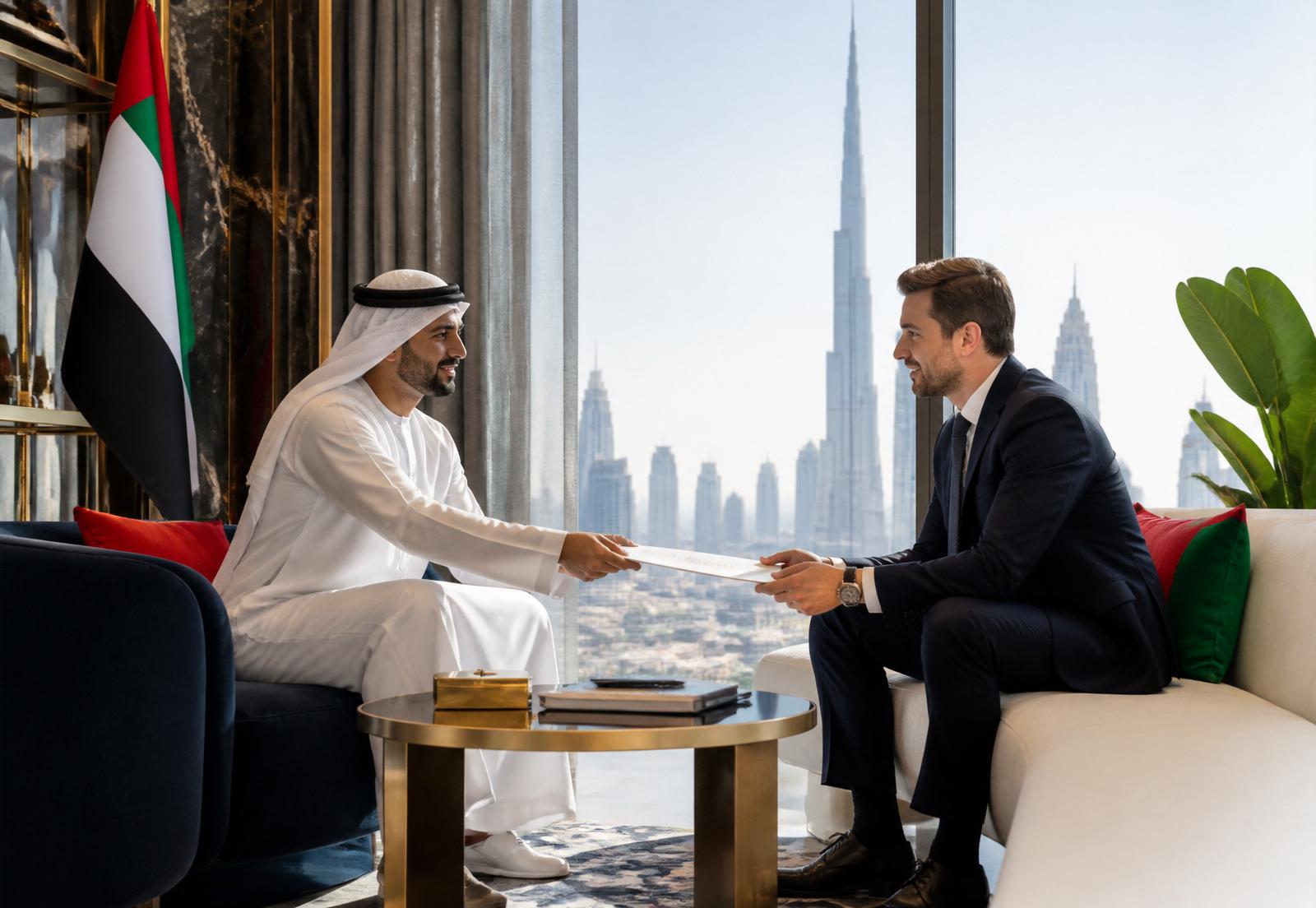 Dubai consultant handing UAE visa and business support documents to an entrepreneur