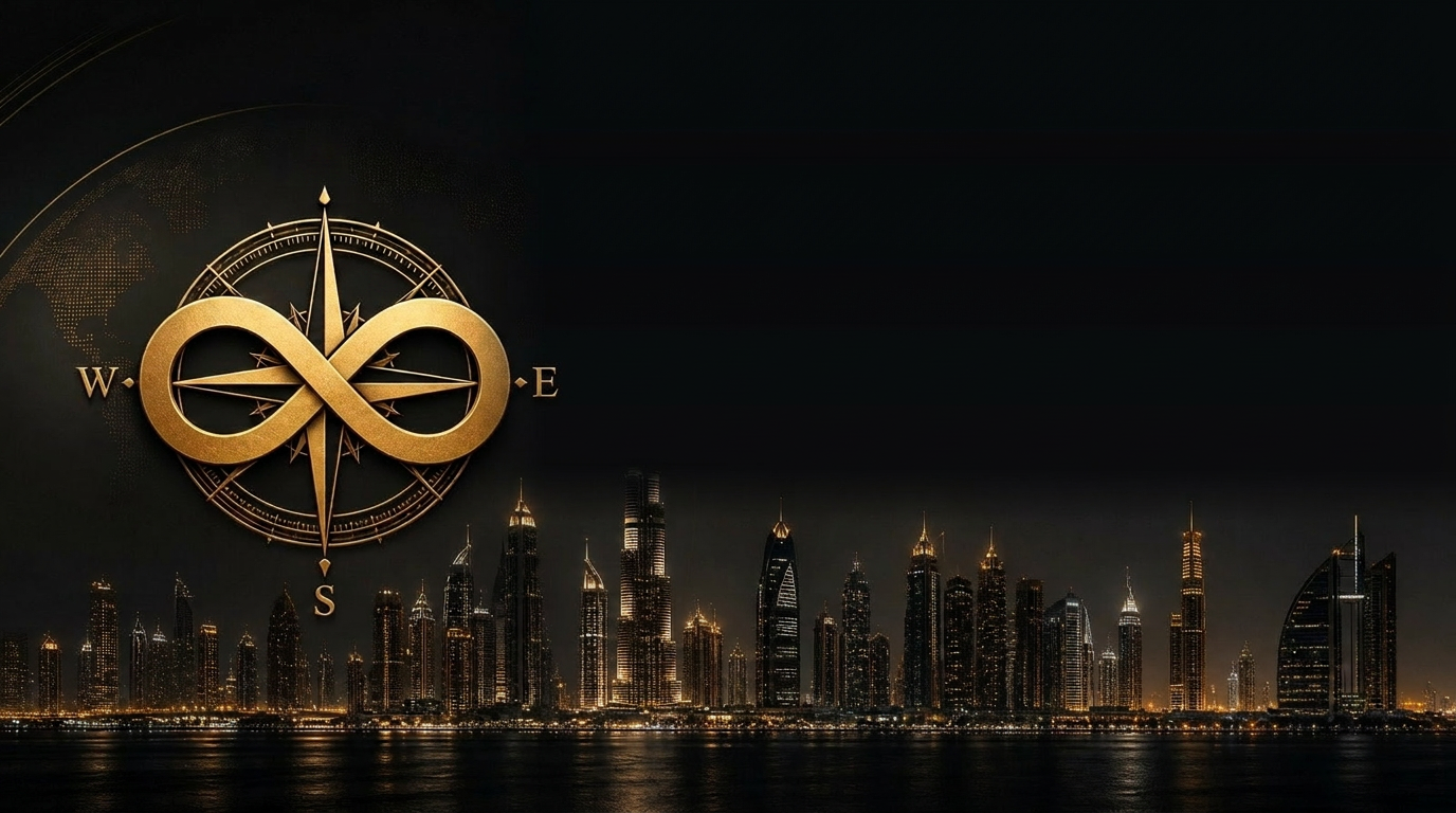 Vertex Core LLC — Dubai skyline at night with golden compass emblem